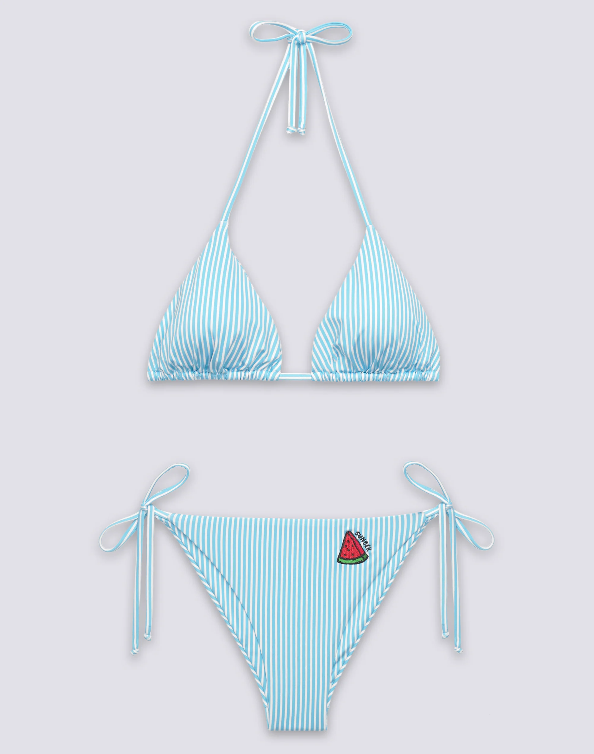 BIKINI DONNA TOP A TRIANGOLO E SLIP A LACCETTI STAMPA JUICY STRIPES CON RICAMO FRUTTA