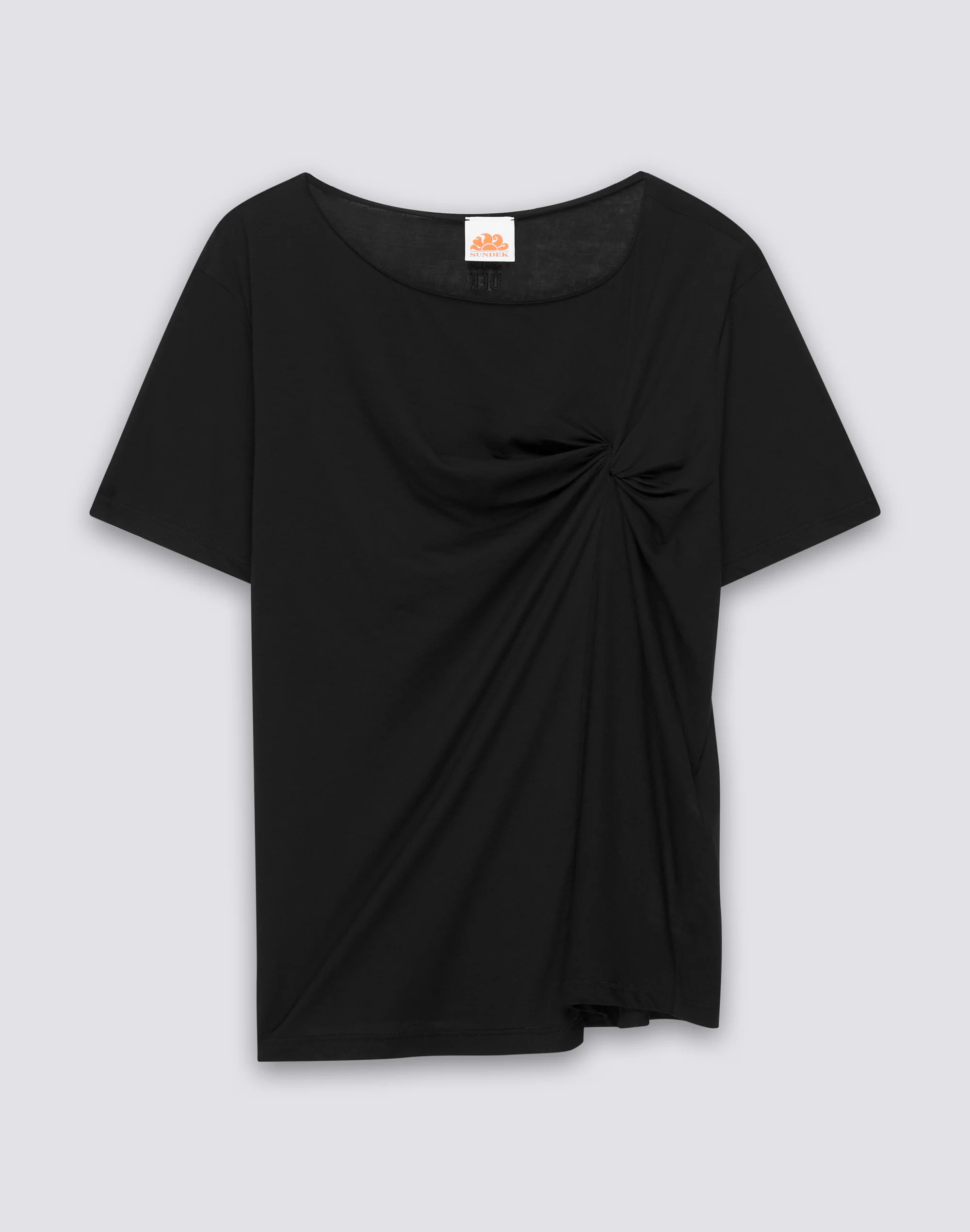 T-SHIRT DONNA CON COLLO AMPIO E NODO FRONTALE
