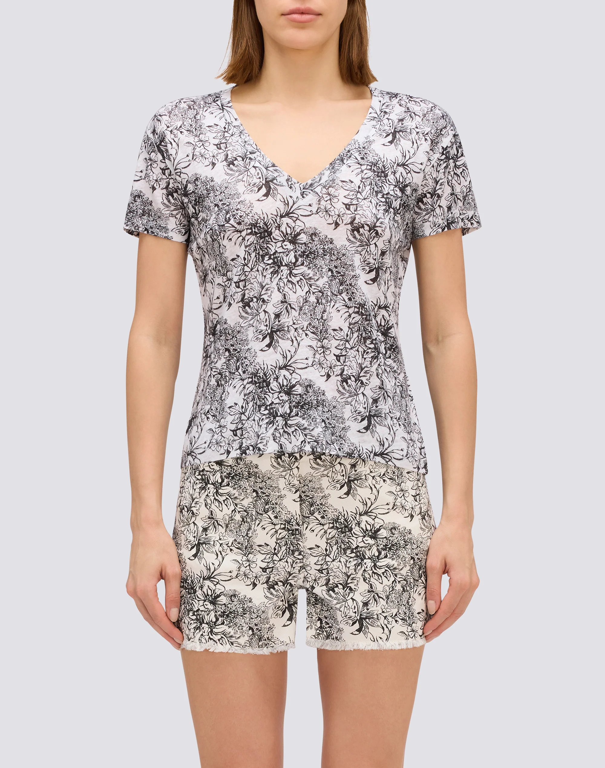 T-SHIRT A MEZZE MANICHE IN LINO CON STAMPA FLEUR DE JOIE